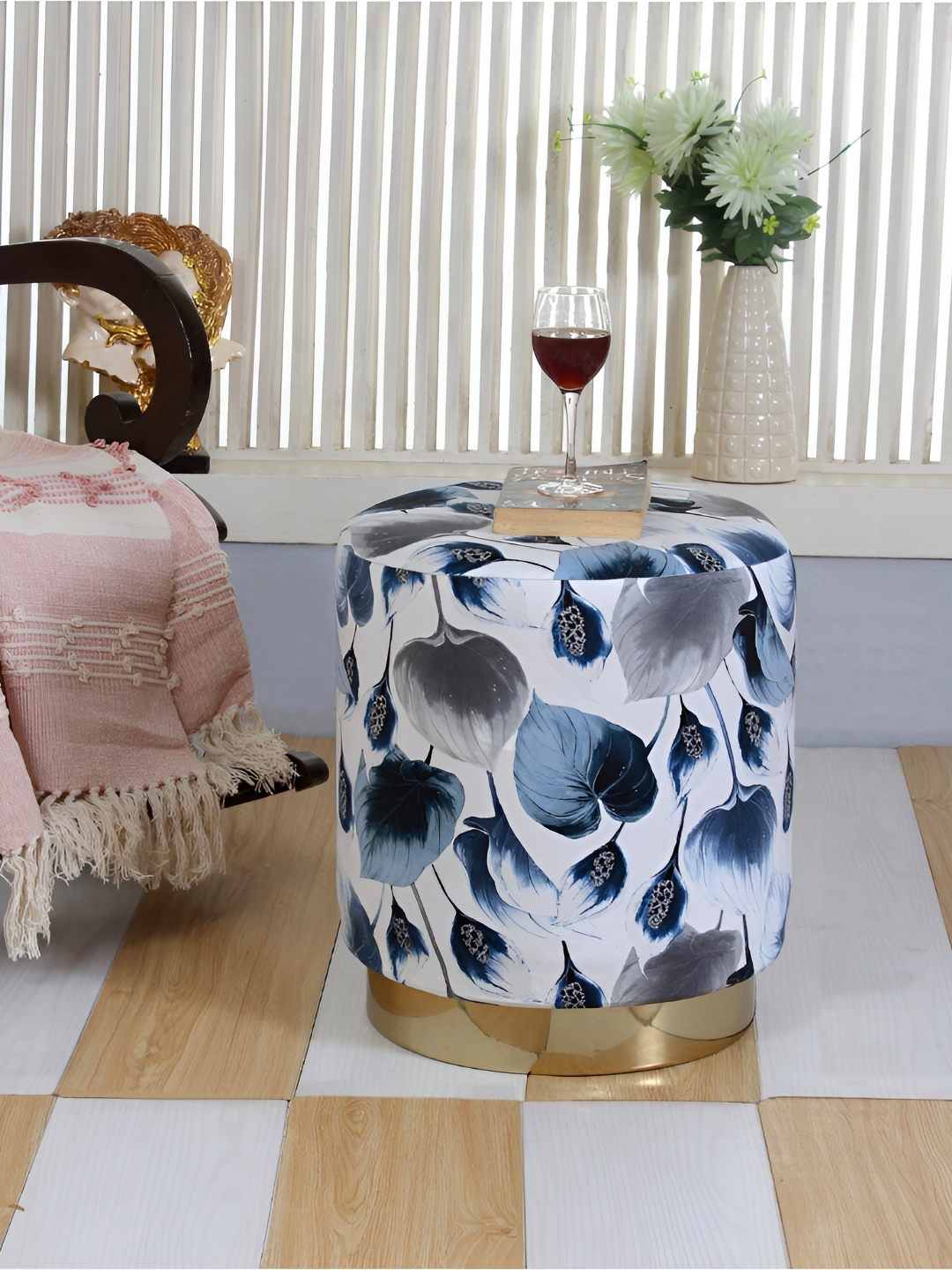 

Shadowkart White & Blue Printed Wooden Round Pouffes Ottoman