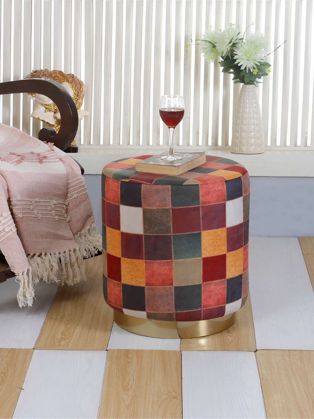 

Shadowkart Maroon & Grey Checked Wooden & Velvet Round Pouffes Ottoman