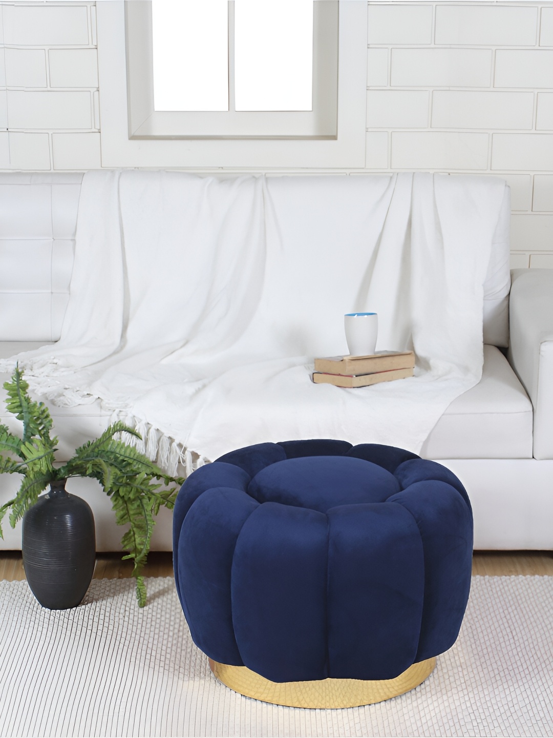 

Shadowkart Navy Blue Floral Shaped Wooden & Velvet Ottoman Pouffe Stool