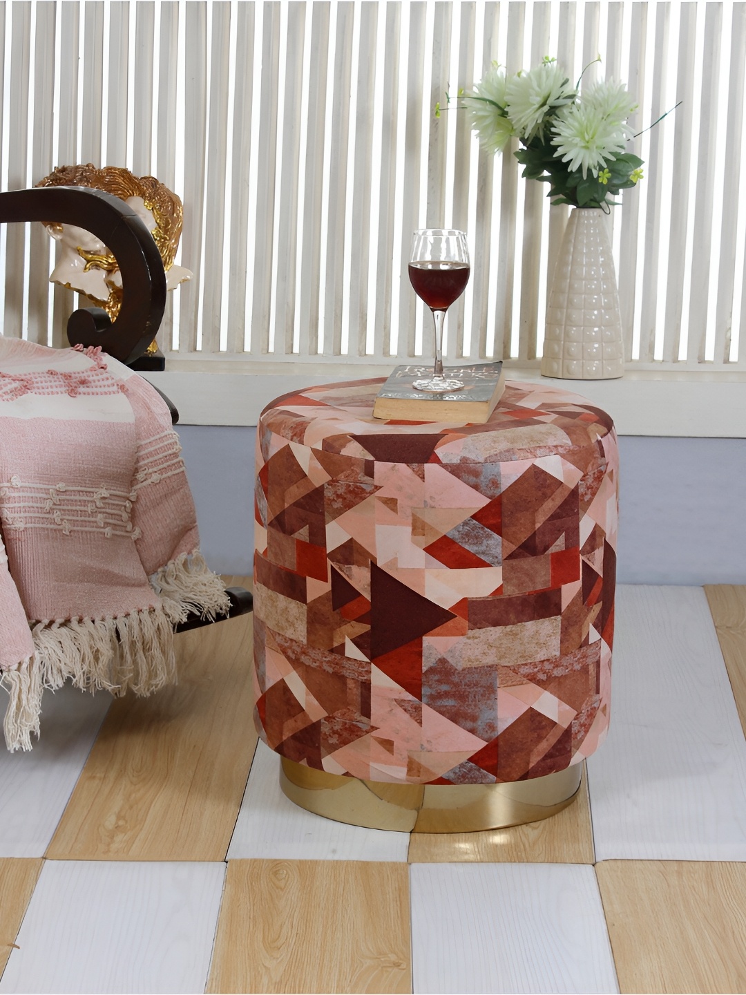

Shadowkart Peach & Maroon Geometric Printed Velvet Wooden Cylindrical Ottoman