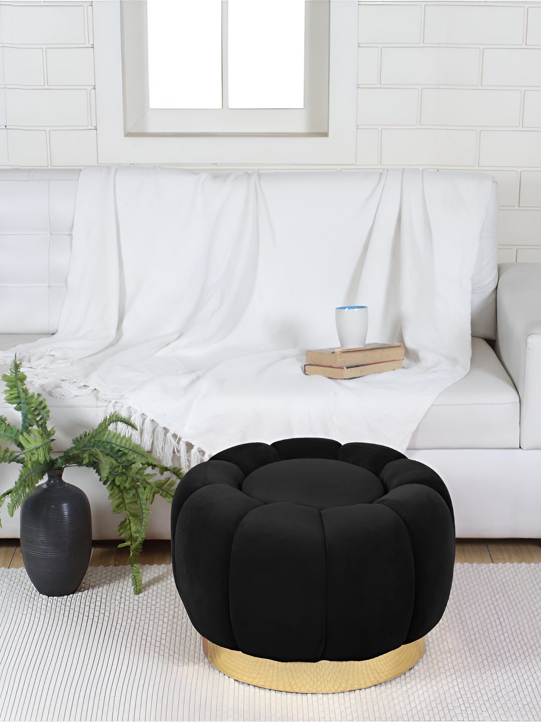 

Shadowkart Black Self Design Wooden Round Pouffes Ottoman