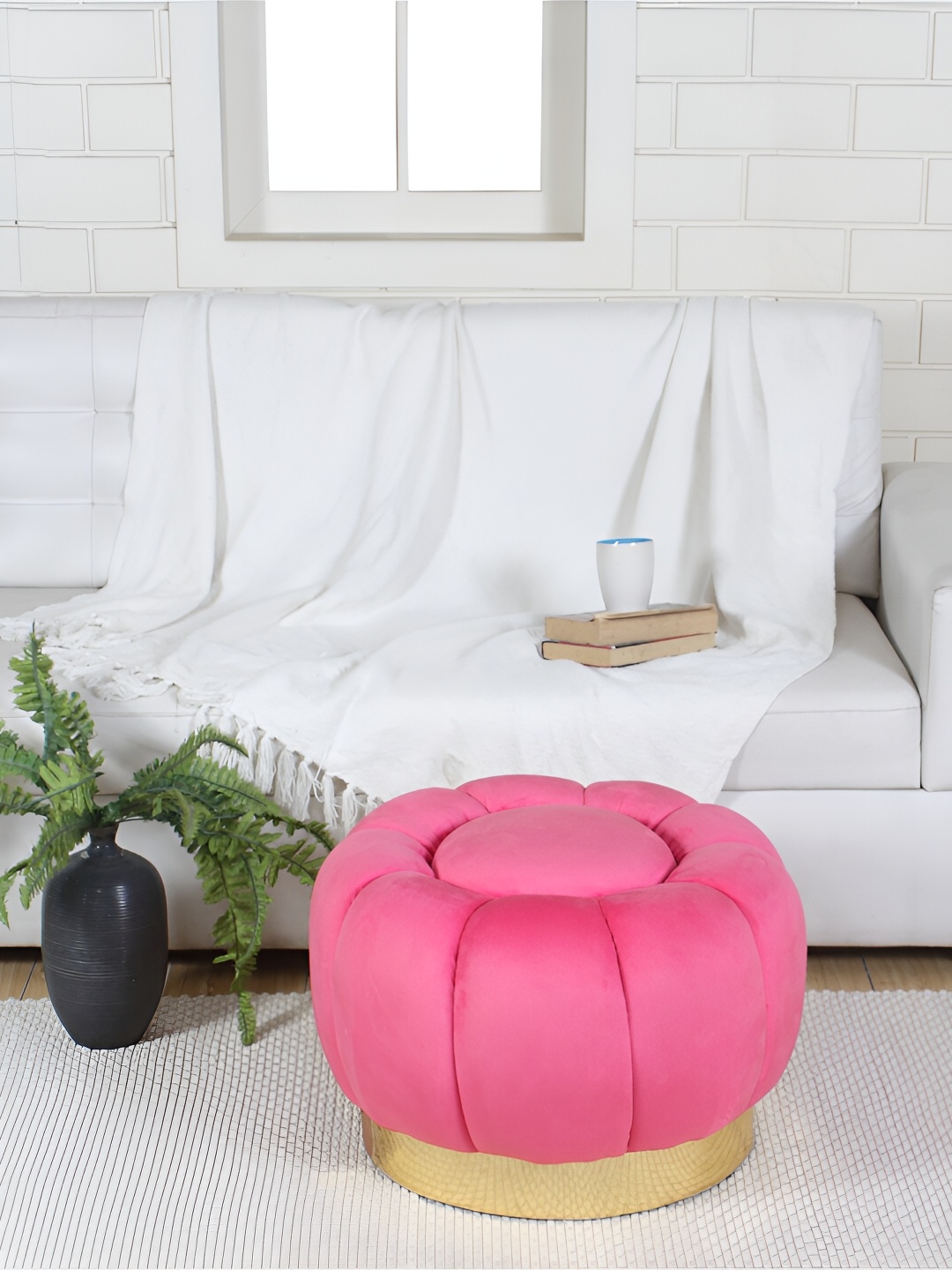 

Shadowkart Pink & gold Toned Floral Design Velvet Pouffe Sitting Ottomans