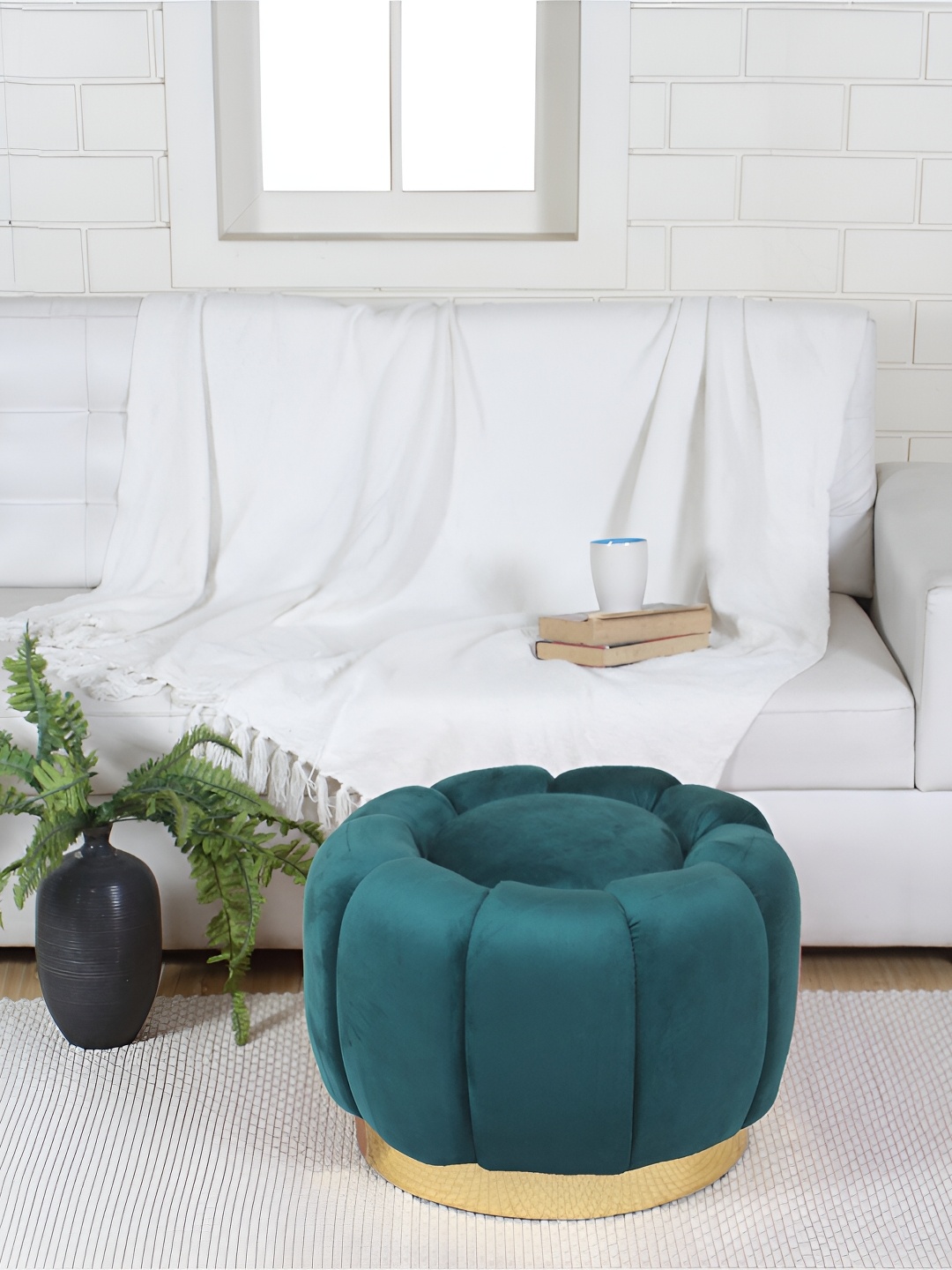 

Shadowkart Green & Gold Toned Textured Wooden Round Pouffe Ottoman