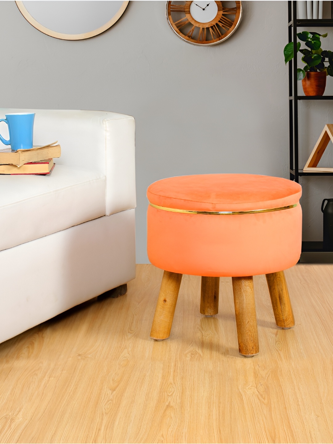 

Shadowkart Orange Wooden & Velvet Pouffes Sitting Mudda Ottoman