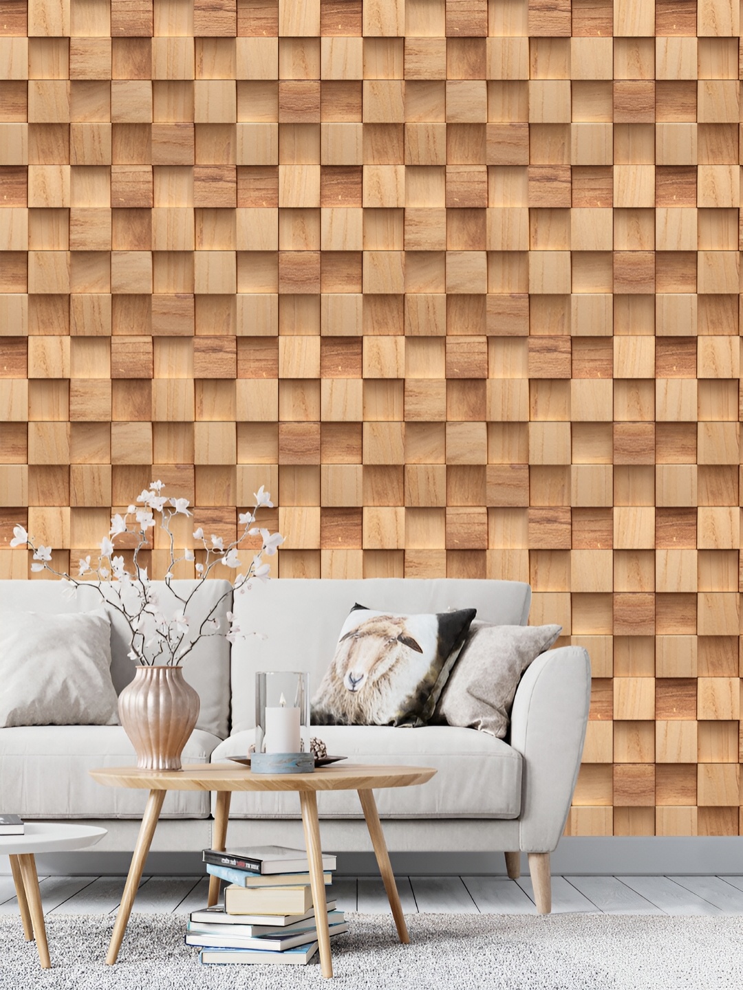 

DWELLSINDIA Brown 3D Wooden Cubes Printed Self Adhesive Waterproof Wallpaper