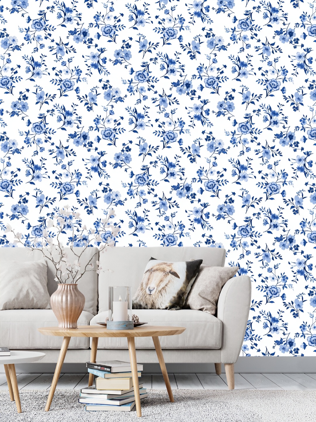 

DWELLSINDIA White & Blue Floral Self-Adhesive Waterproof Wallpaper