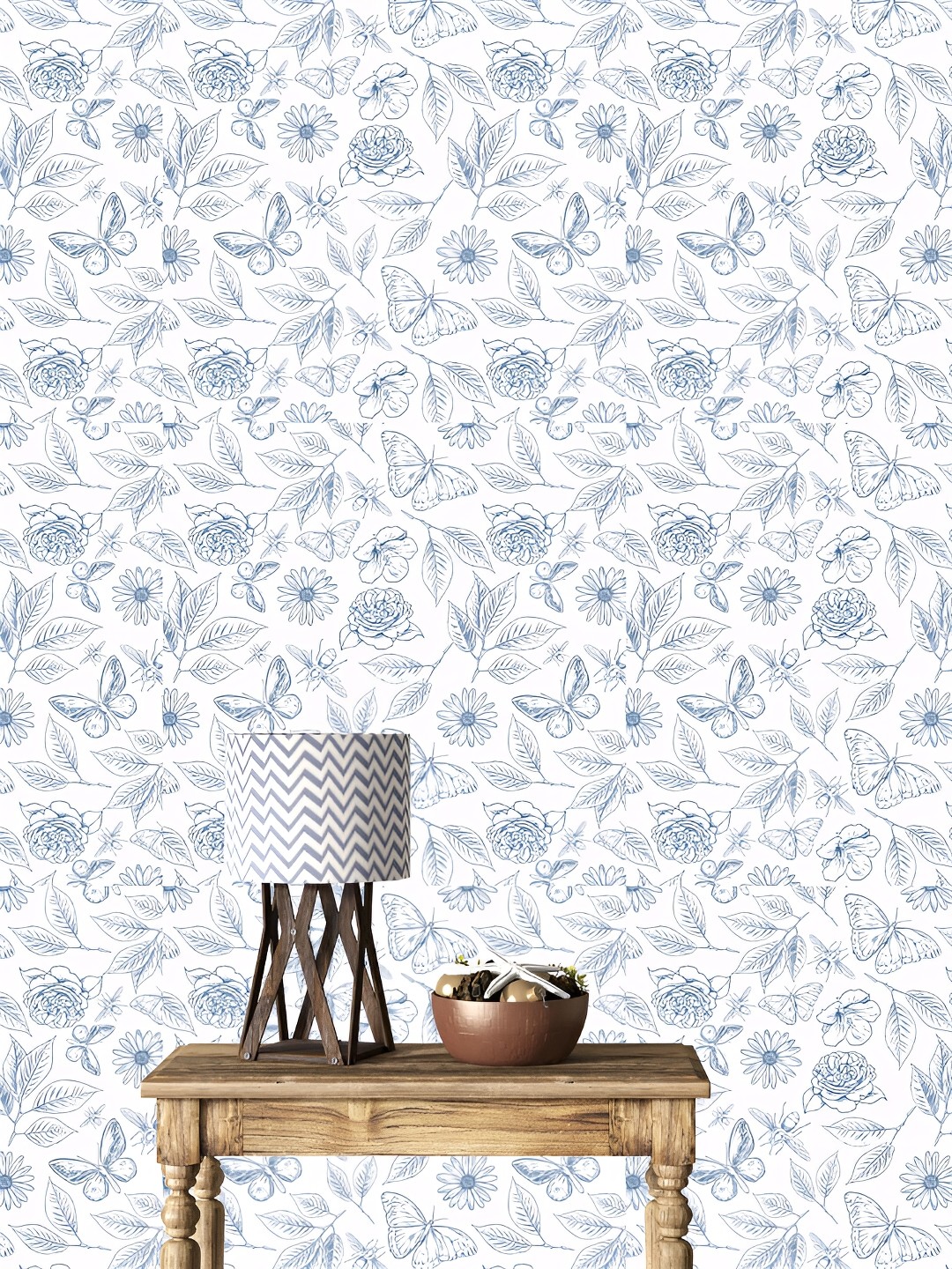 

DWELLSINDIA White & Blue Floral Self-Adhesive Waterproof Wallpaper