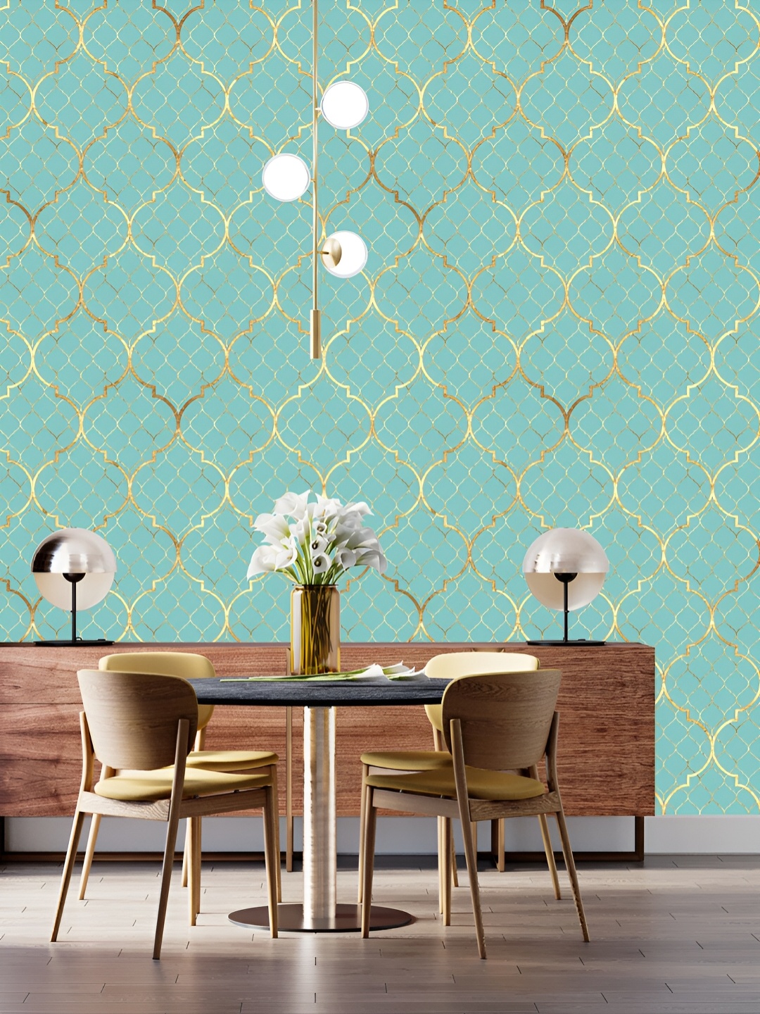 

DWELLSINDIA Green & GoldToned Moroccan Print Self-Adhesive Peel & Stick Wall Sticker, Turquoise blue