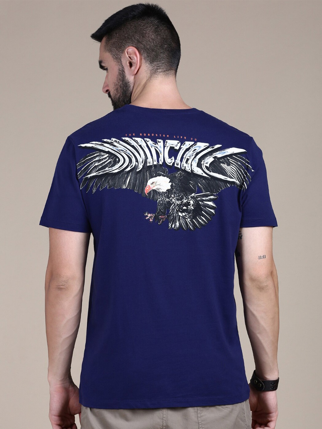 The Roadster Lifestyle Co Graphic Printed Cotton Round Neck T-shirt, Navy blue
