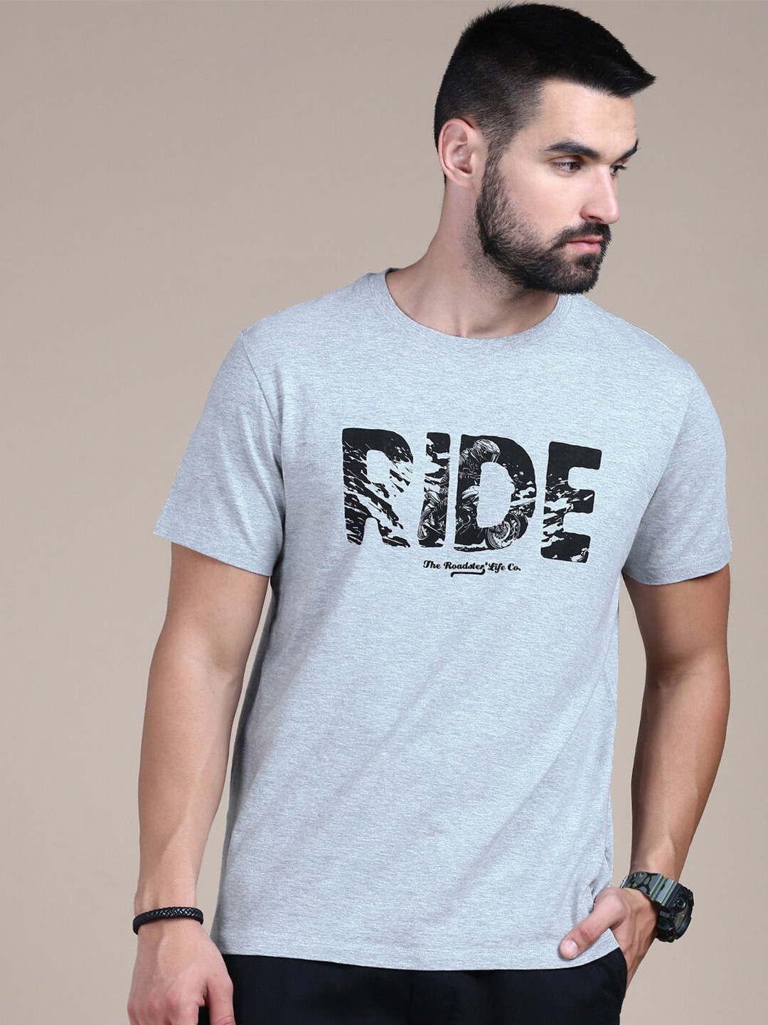 The Roadster Lifestyle Co Typography Printed Cotton Round Neck Tshirts, Grey