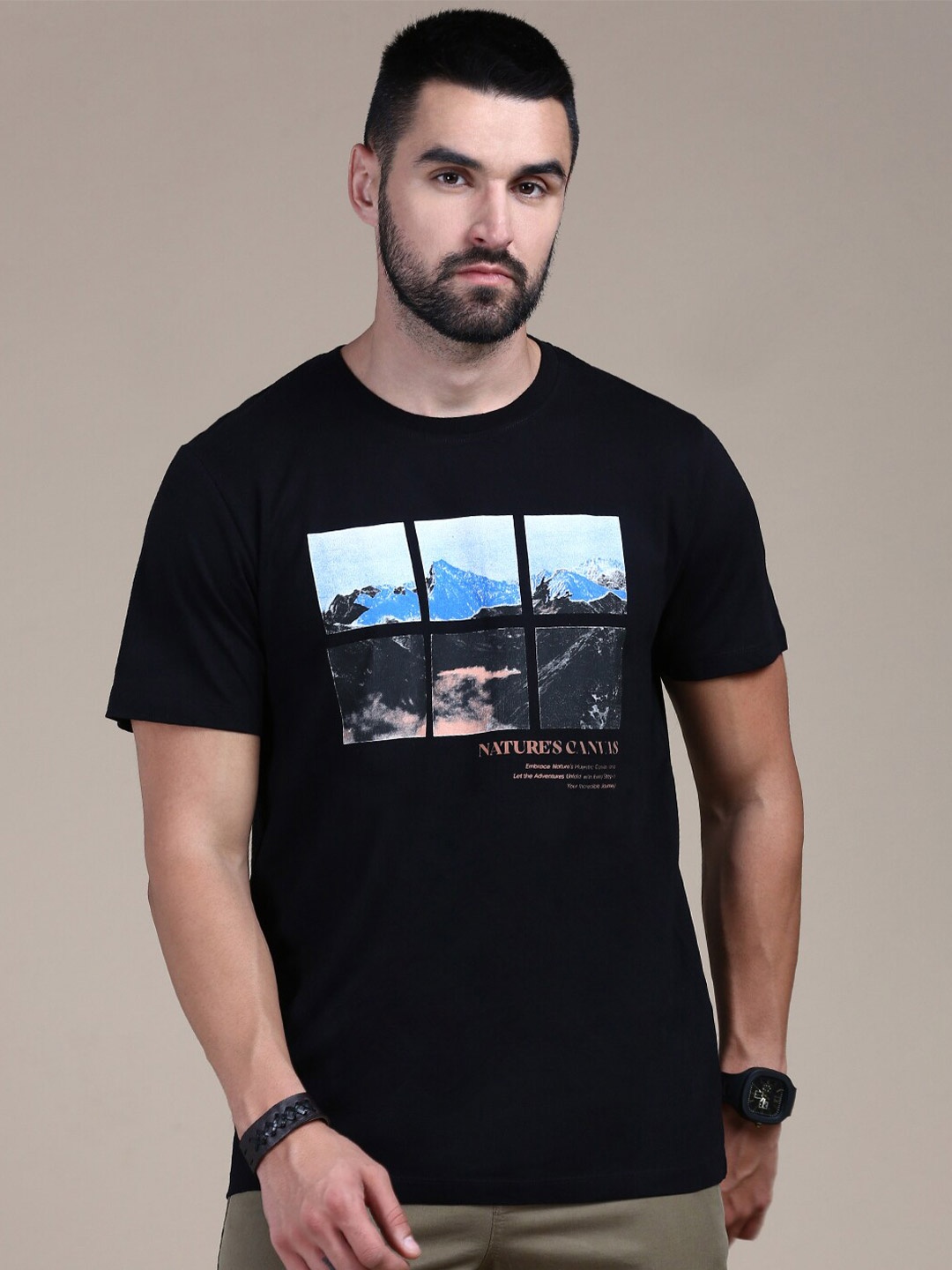 

The Roadster Lifestyle Co Black Graphic Printed Cotton Round Neck Tshirts