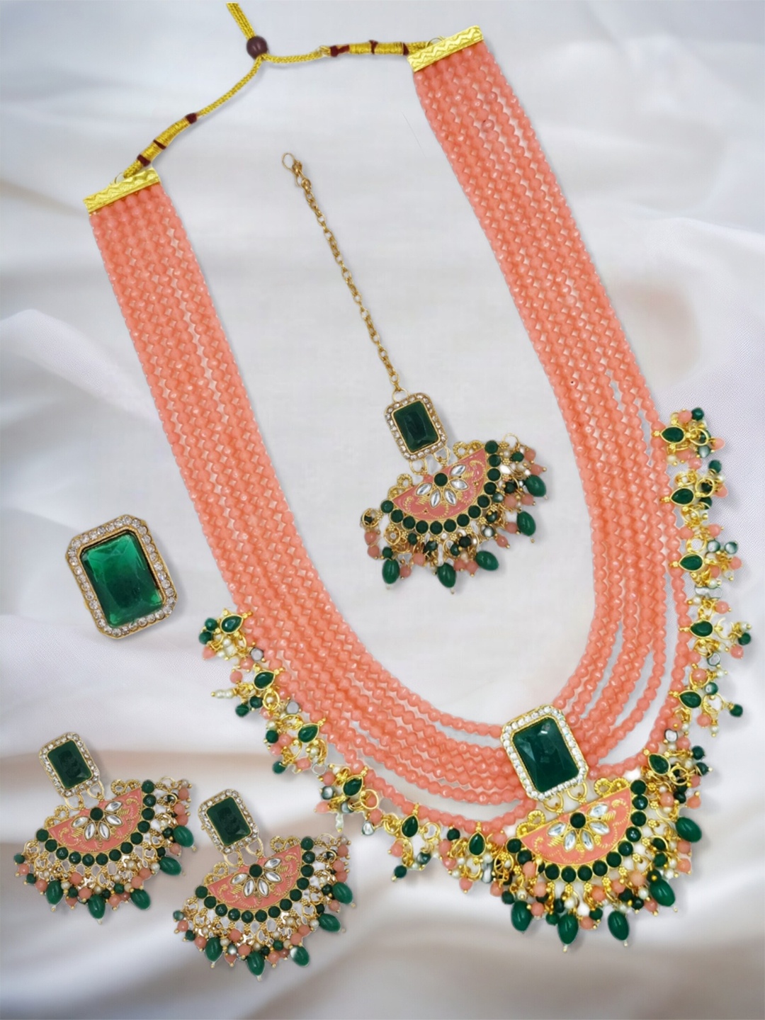 

Anouk Gold-Plated Bridal Necklace With Earring Maang Tikka & Ring Set, Peach