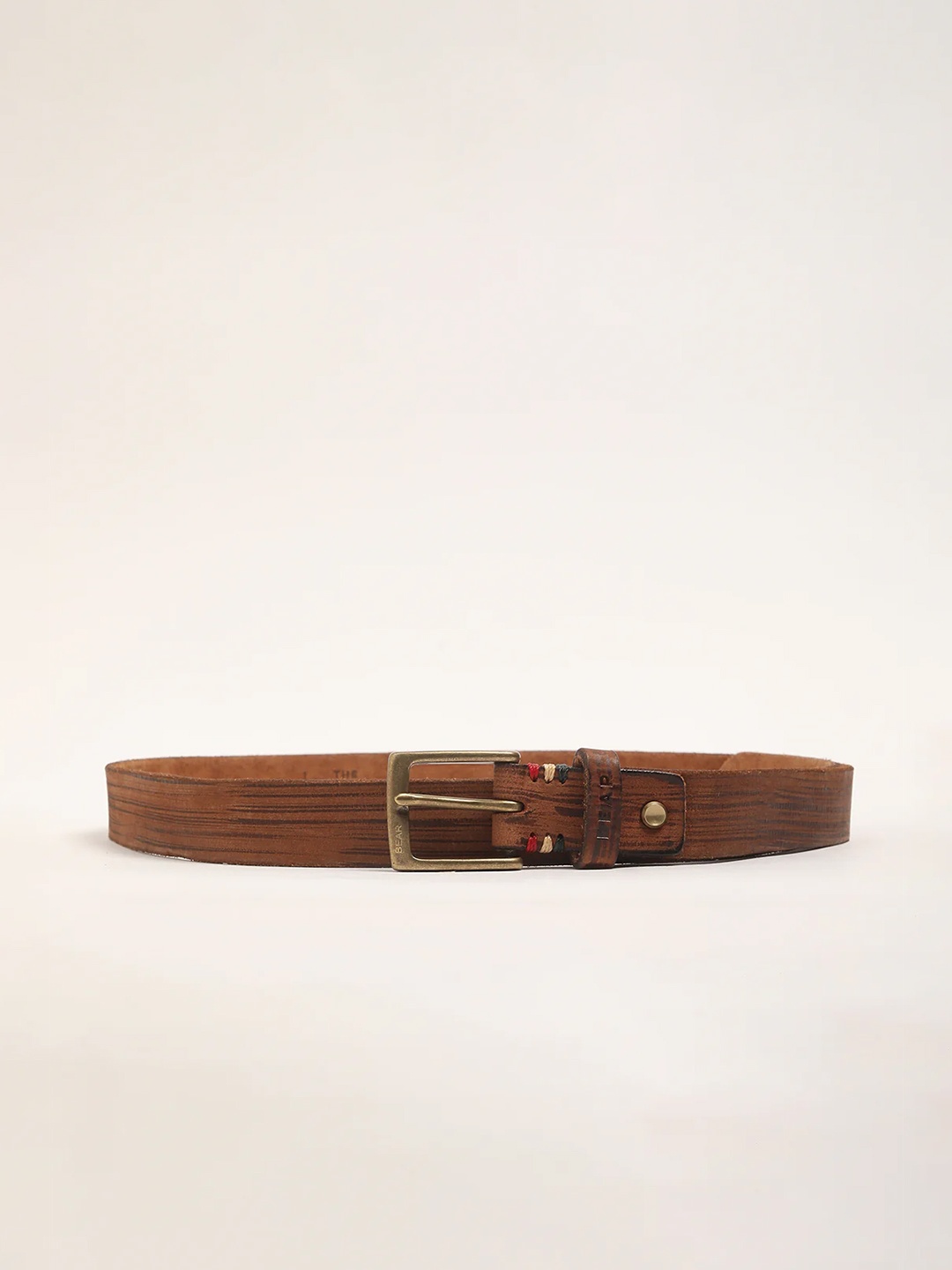 

THE BEAR HOUSE Men Striped Leather Belt, Brown