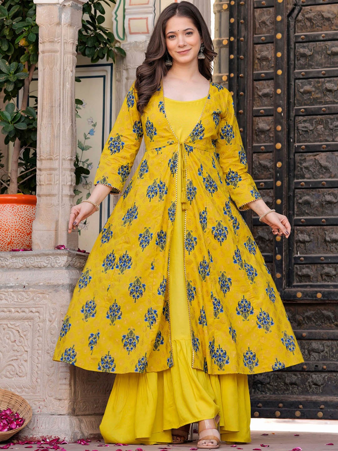 

Chandbaali Sleeveless Maxi Ethnic Dress With Longline Shrug, Mustard