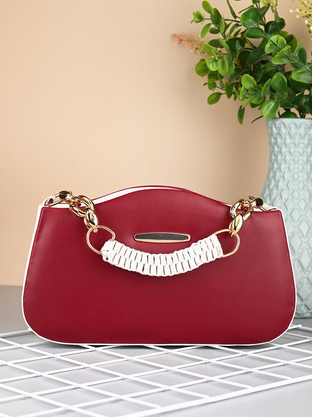 

DressBerry Textured Half Moon Handheld Bag with Applique, Maroon