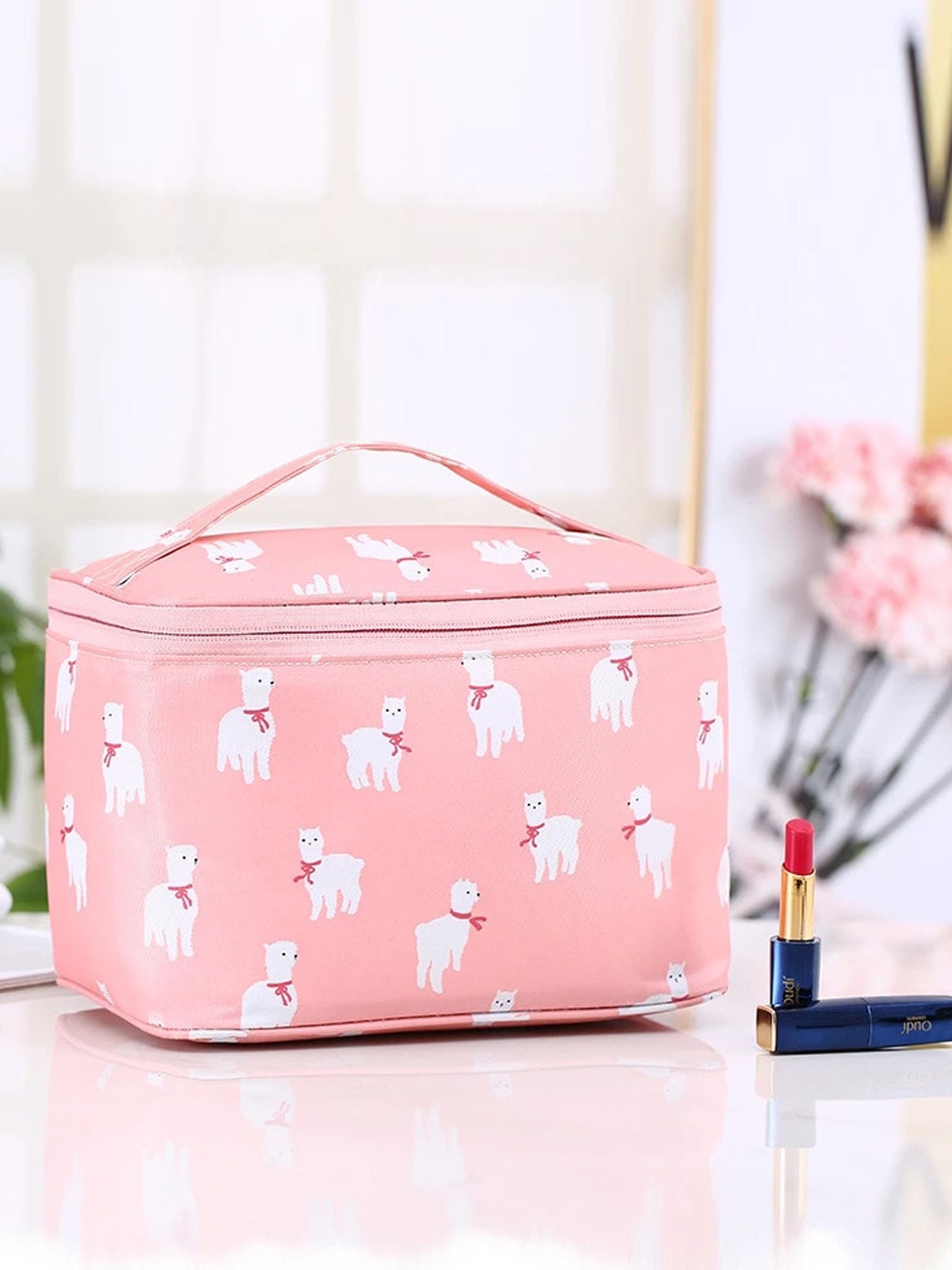 

Awestuffs Pink & White Printed Water Proof Large Cosmetics Accessories Organizer