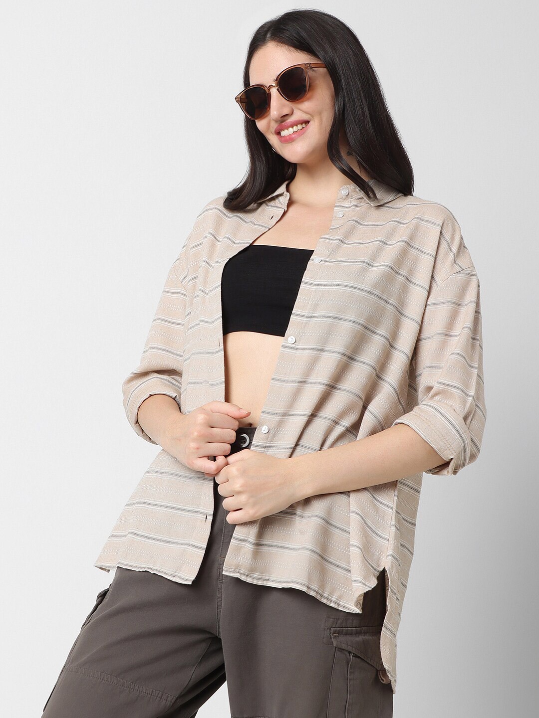 

VASTRADO Classic Horizontal Striped Spread Collar Long Sleeves Oversized Shirt, Beige