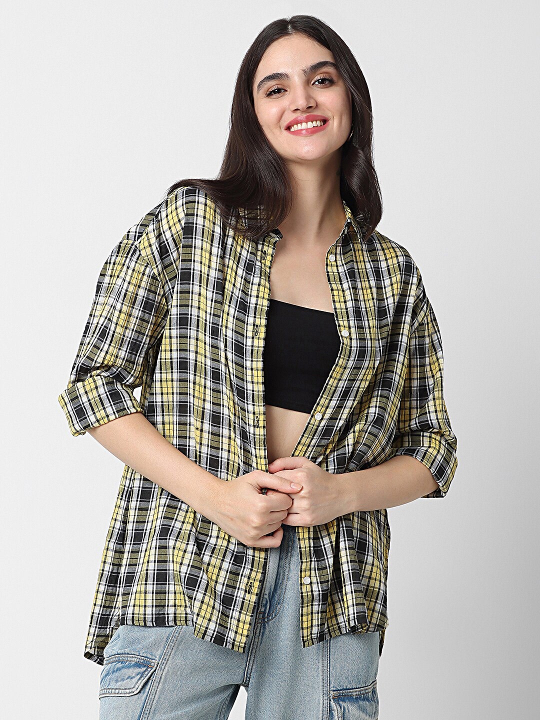 

VASTRADO Classic Checked Spread Collar Long Sleeves Oversized Shirt, Yellow