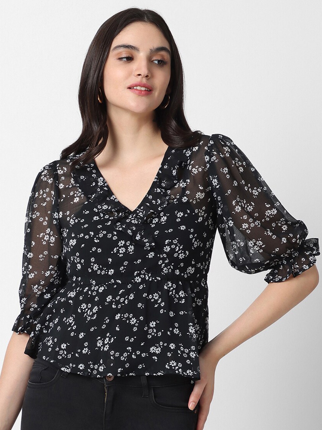 

VASTRADO Floral Printed Puff Sleeves Sheer Ruffles Empire Top, Black