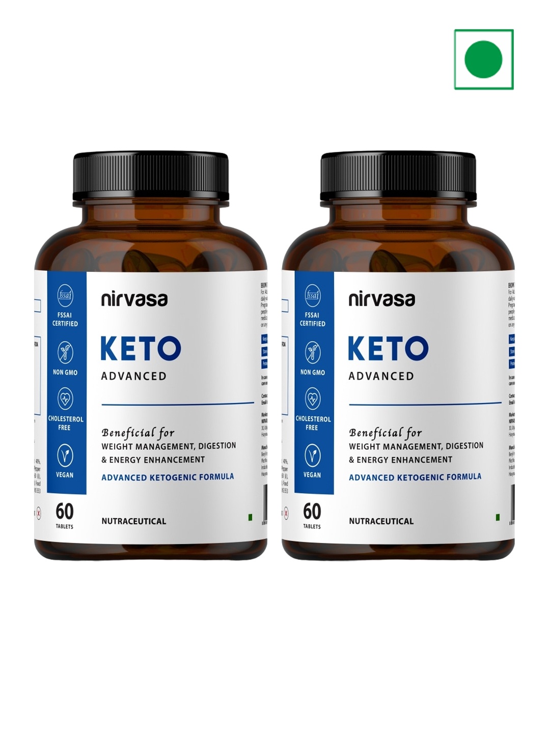 

Nirvasa Set Of 2 Keto Advance Tablets For Weight Management - 60 Tablets Each, White