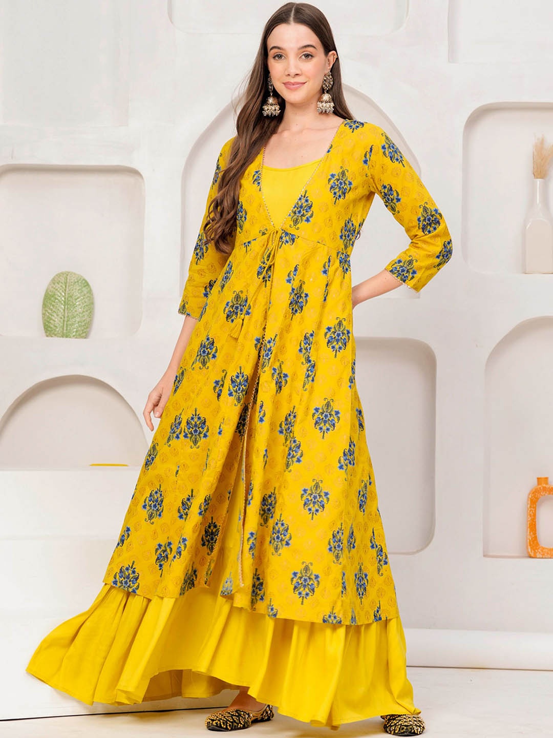 

DAEVISH Sleeveless Maxi Ethnic Dress With Longline Shrug, Mustard