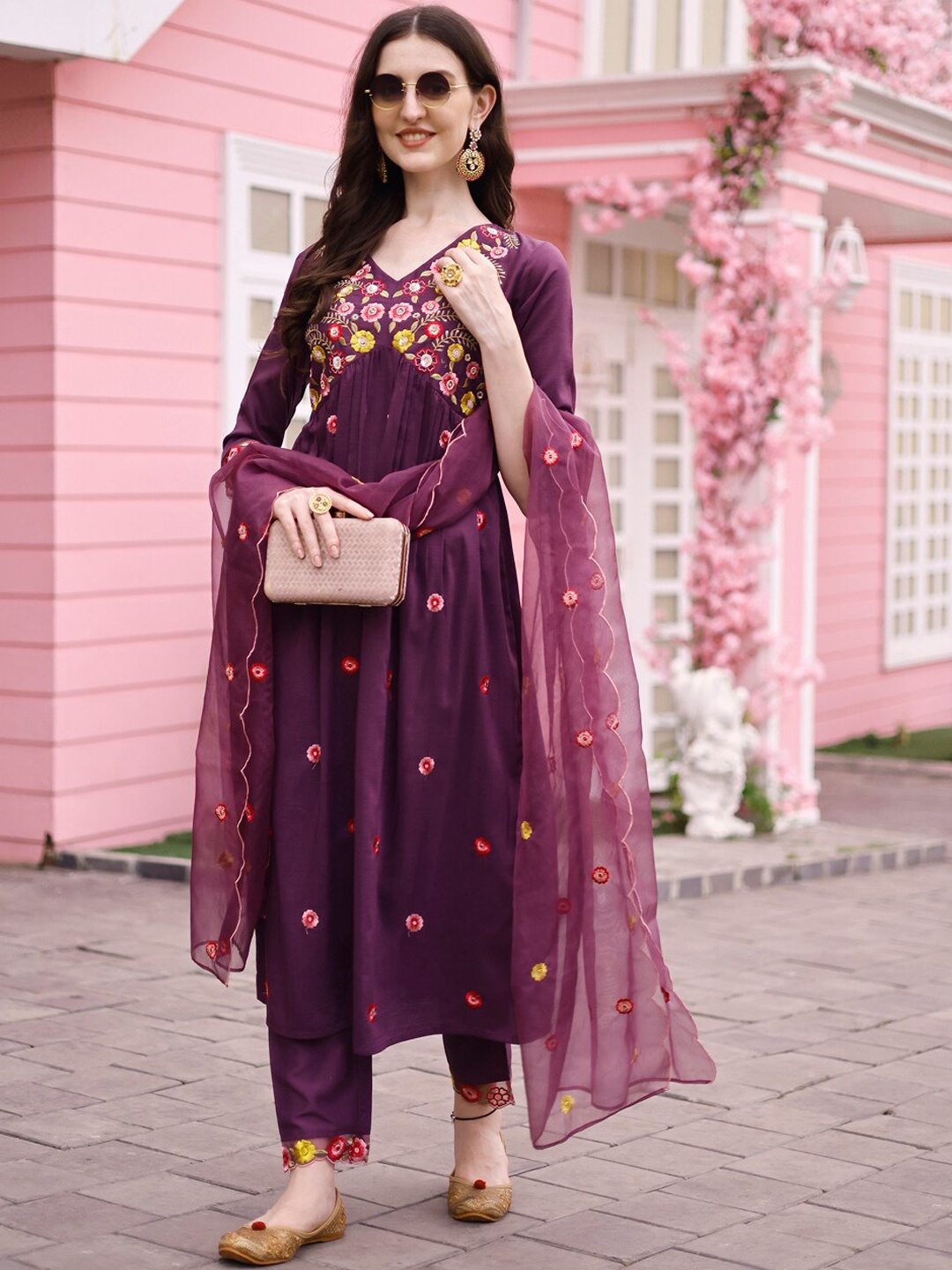 

KALINI Floral Embroidered Empire Thread Work Pure Silk Kurta with Trousers & With Dupatta, Purple