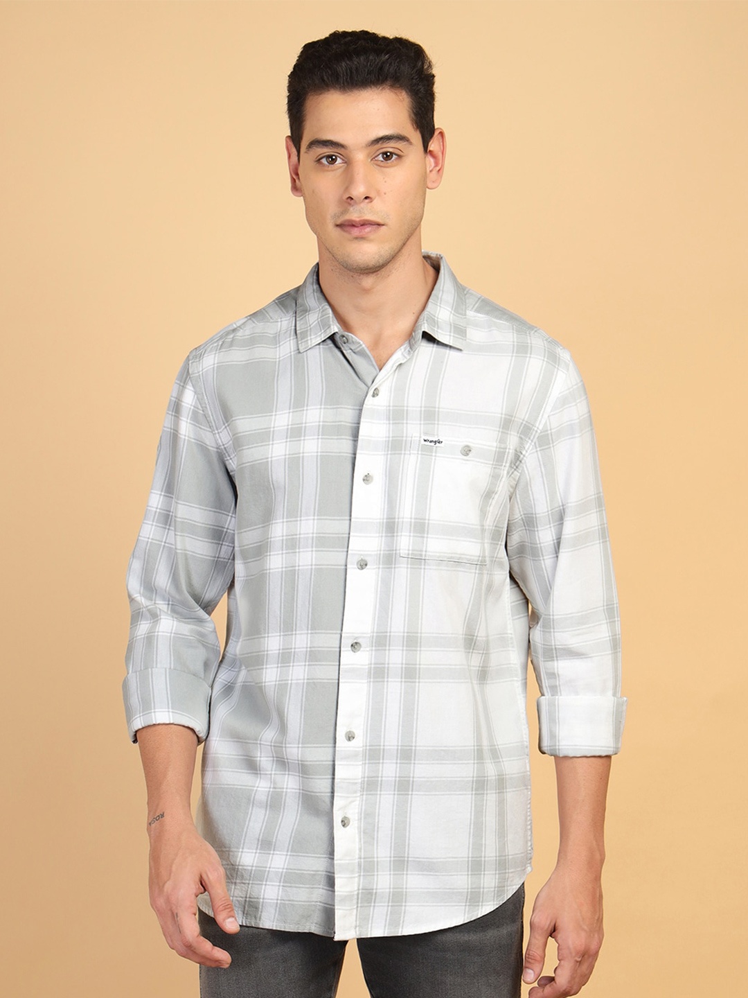 

Wrangler Standard Windowpane Checked Pure Cotton Casual Shirt, Grey