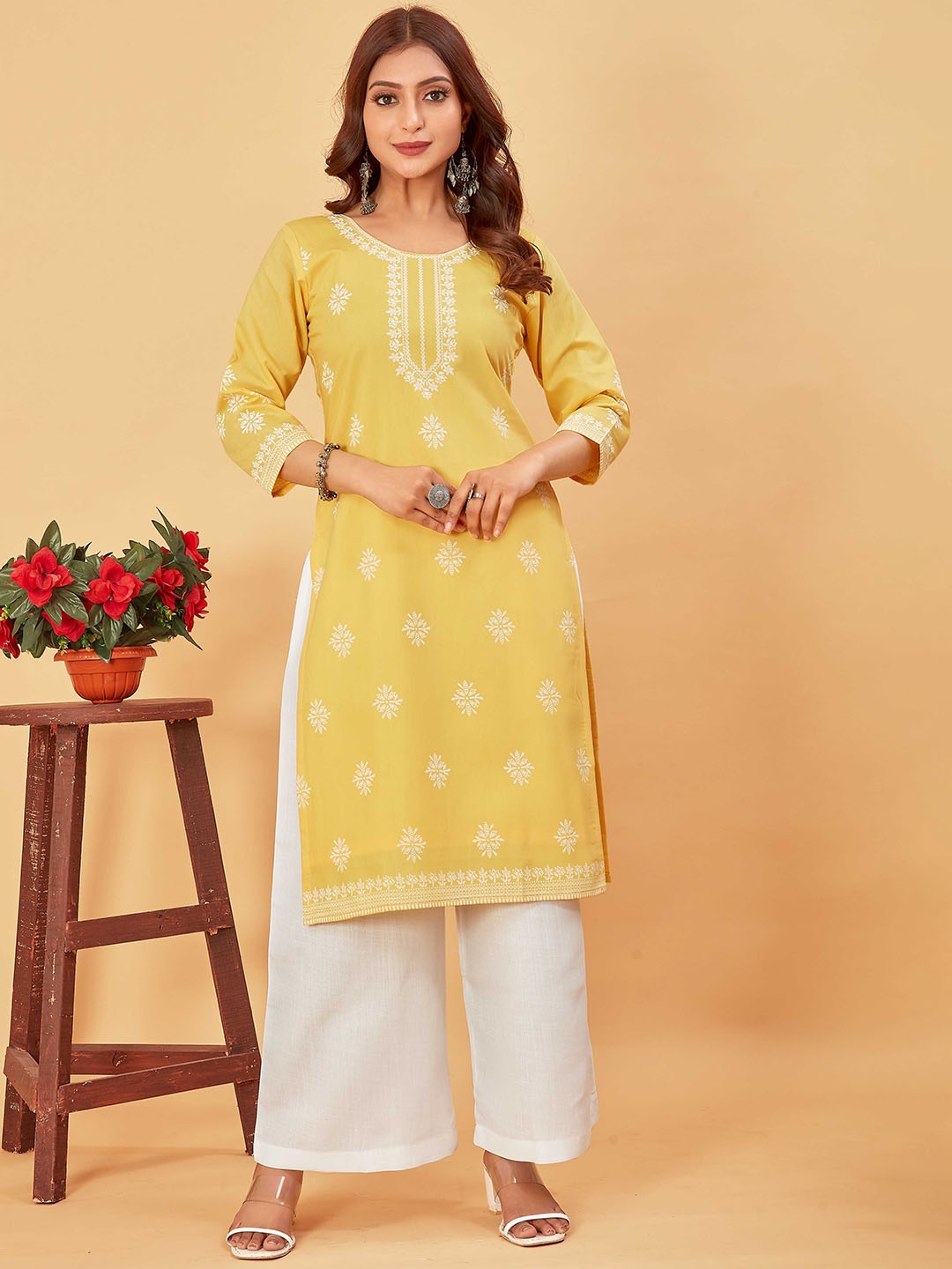 

Pari THE FASHION STUDIO Ethnic Motifs Printed Modal Straight Kurta, Yellow