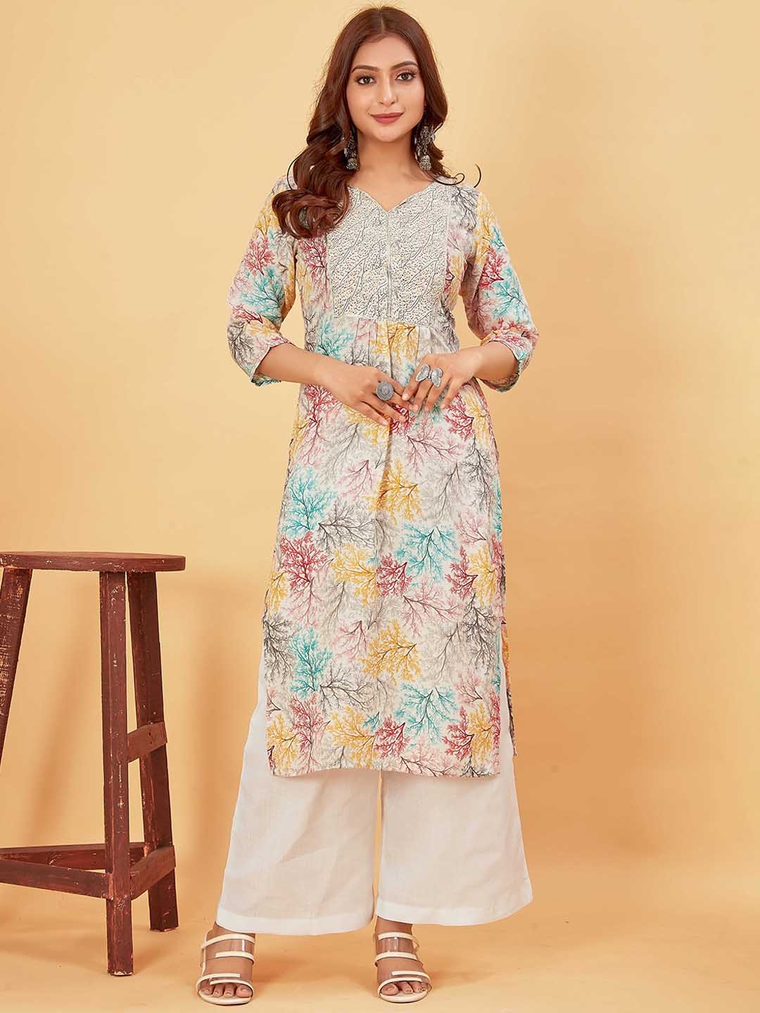 

Pari THE FASHION STUDIO Floral Printed Cotton Straight Kurta, White
