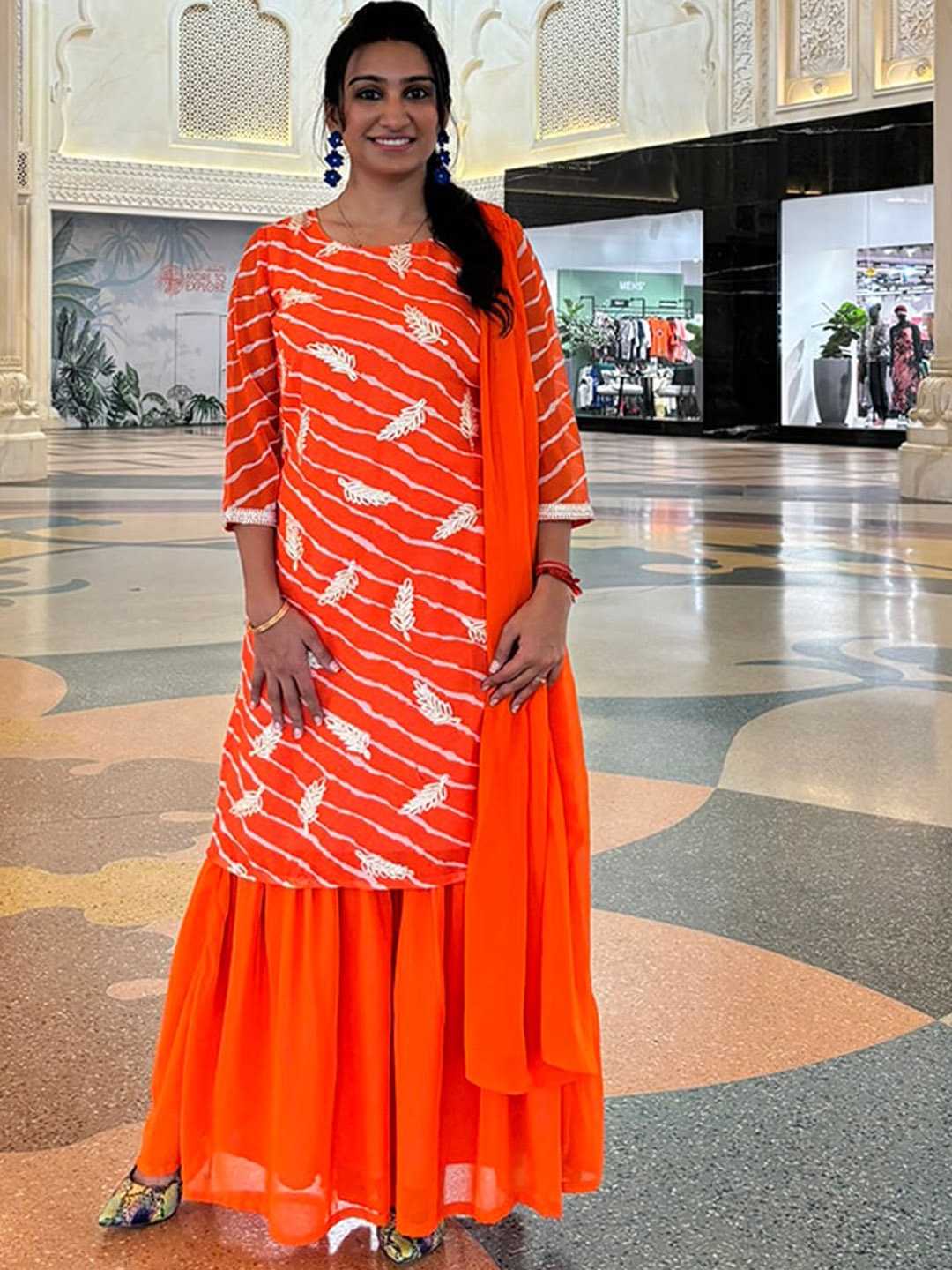 

AKS Couture Leheriya Striped Regular Thread Work Kurta with Sharara & Dupatta, Orange