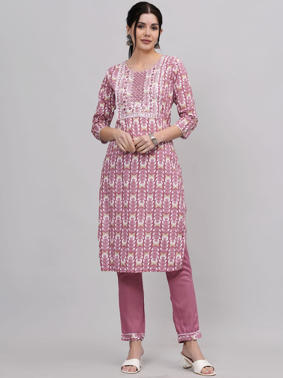 

KALINI Floral Printed Regular Thread Work Kurta With Trousers, Pink