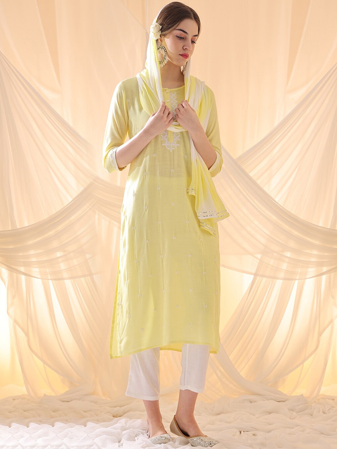 

Anouk Floral Yoke Design Regular Kurta with Trousers & With Dupatta, Yellow