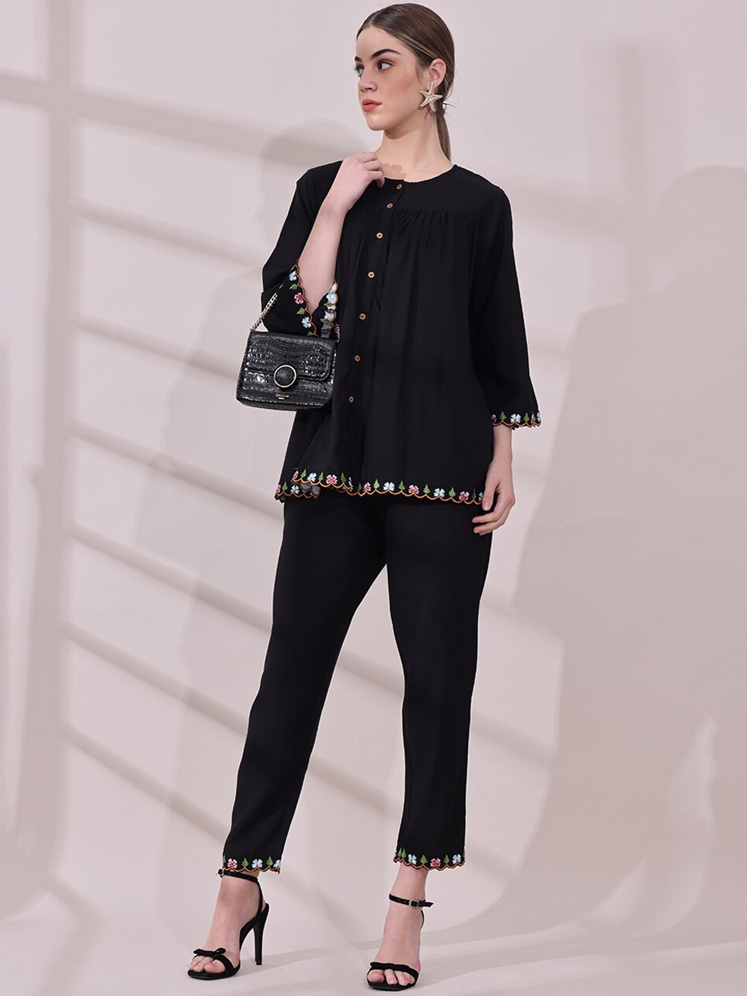 

Anouk Embroidered Top With Trousers Co-Ords, Black