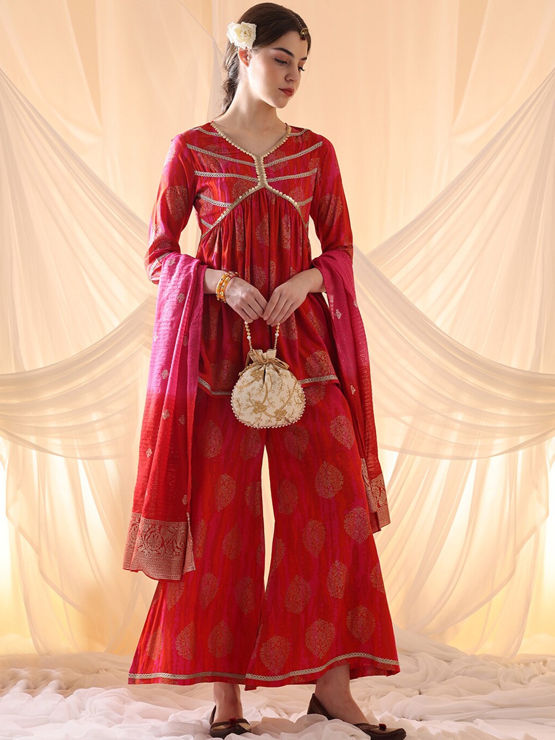 

Anouk Floral Printed Empire Pure Cotton Kurti with Palazzos & Dupatta, Red