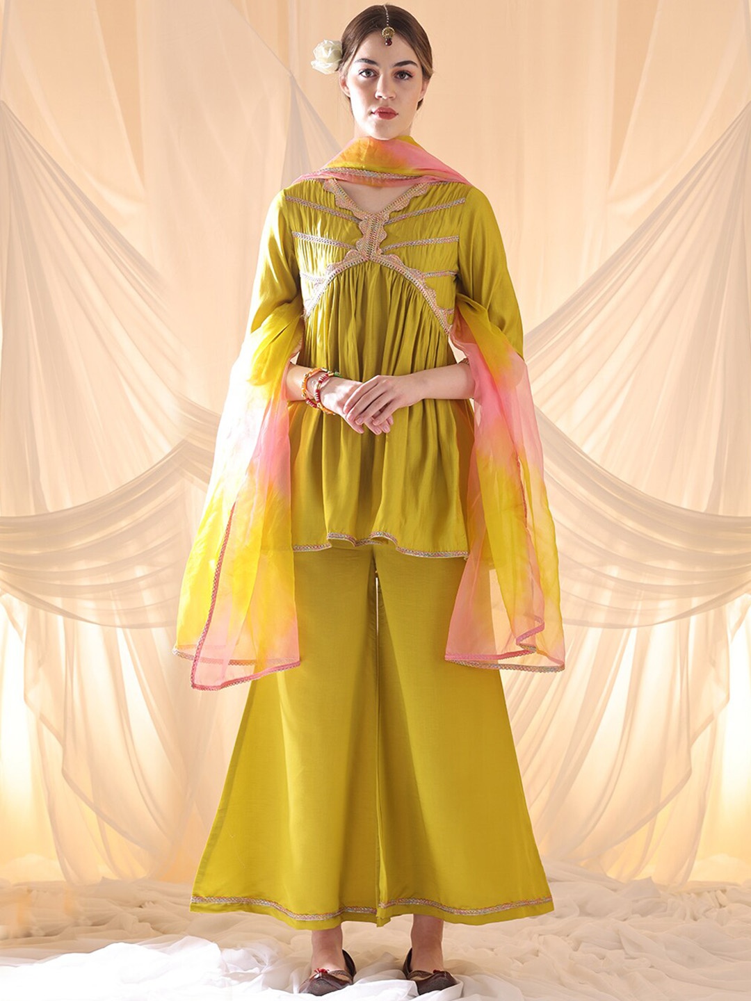 

Anouk Embroidered Empire Gotta Patti Kurti with Palazzos & Dupatta, Green