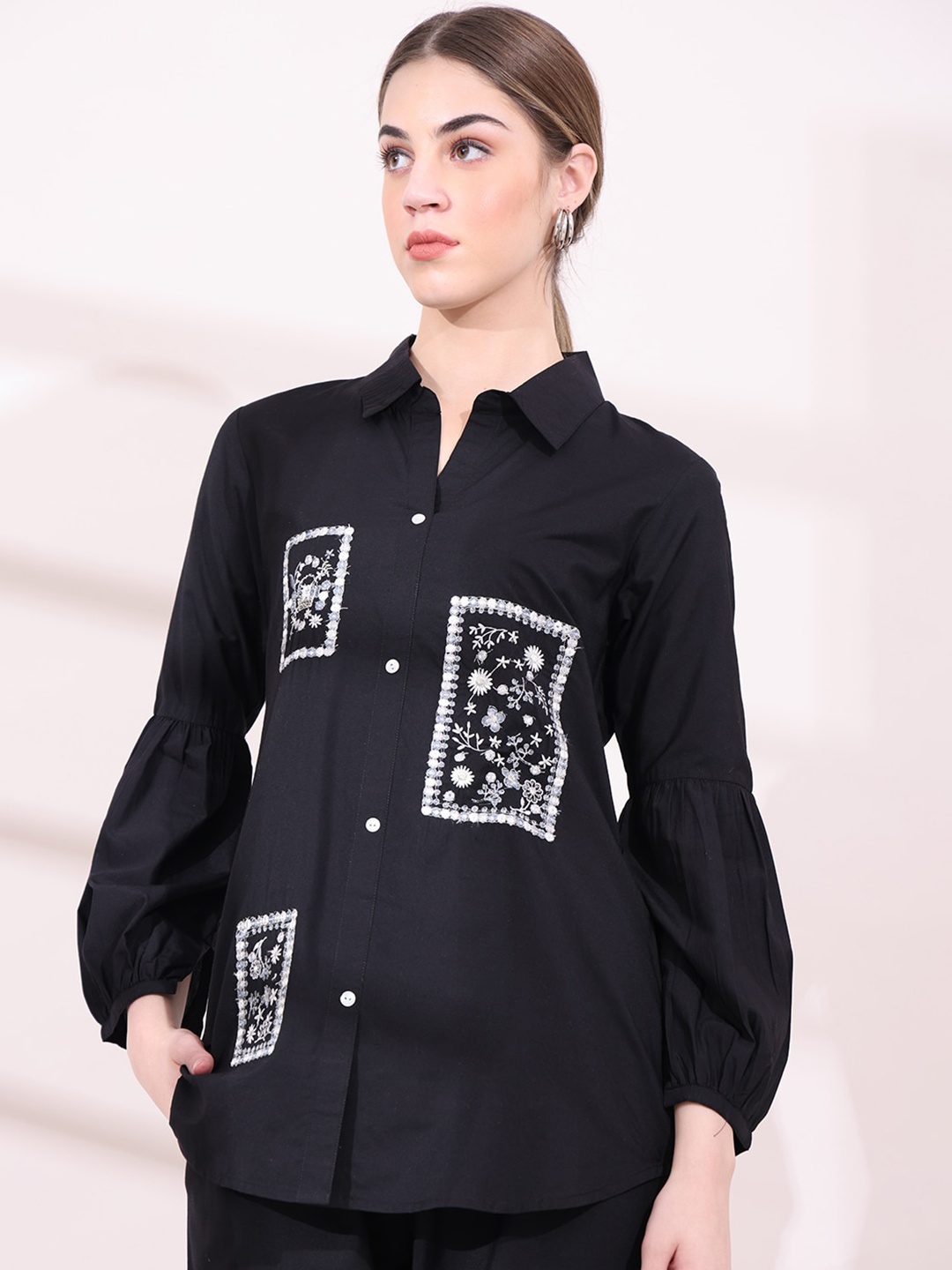 

Anouk Embroidered Shirt With Trousers Co-Ords, Black