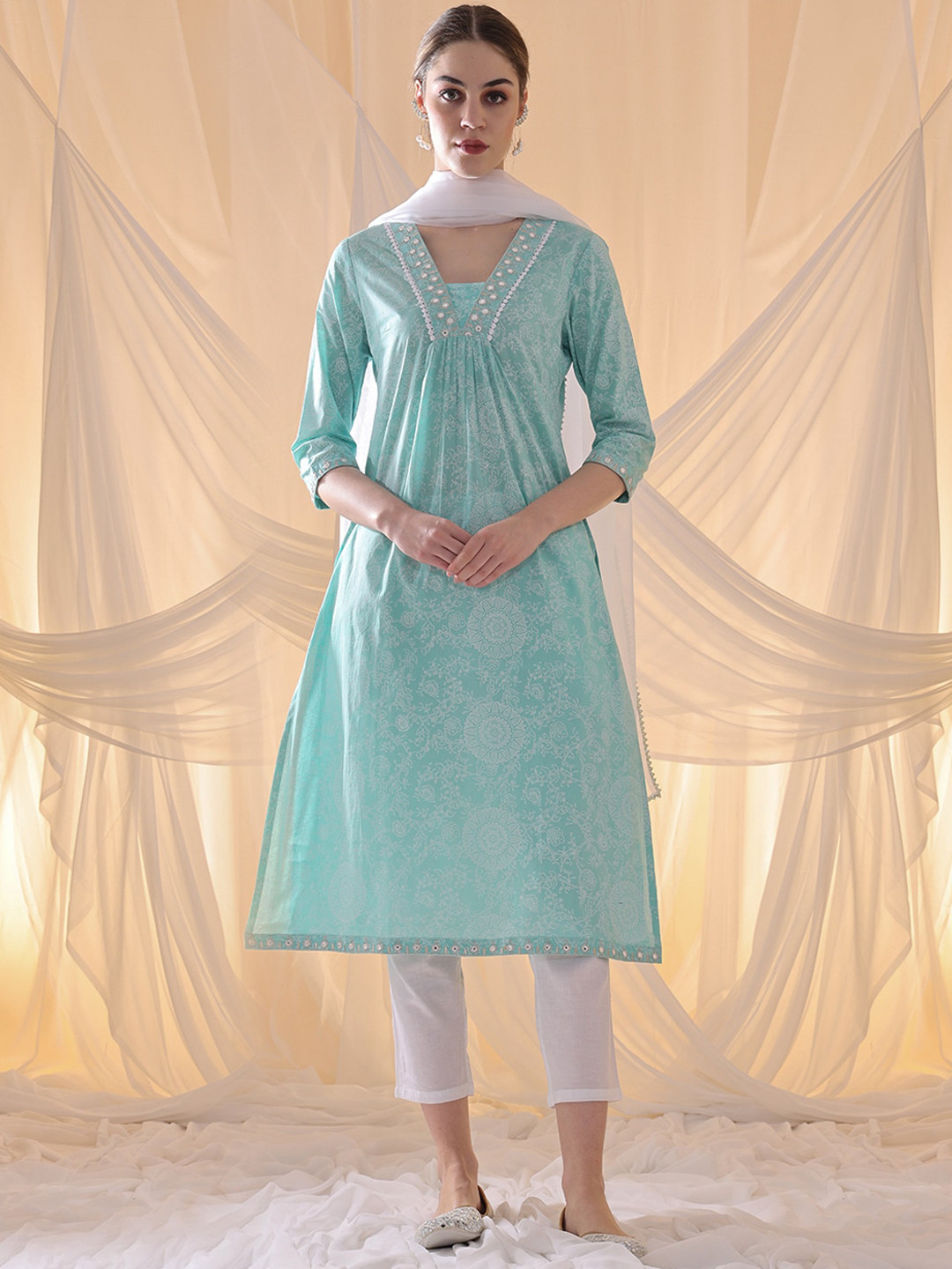 

Anouk Turquoise Blue Floral Printed A-Line Pure Cotton Kurta with Trousers & Dupatta