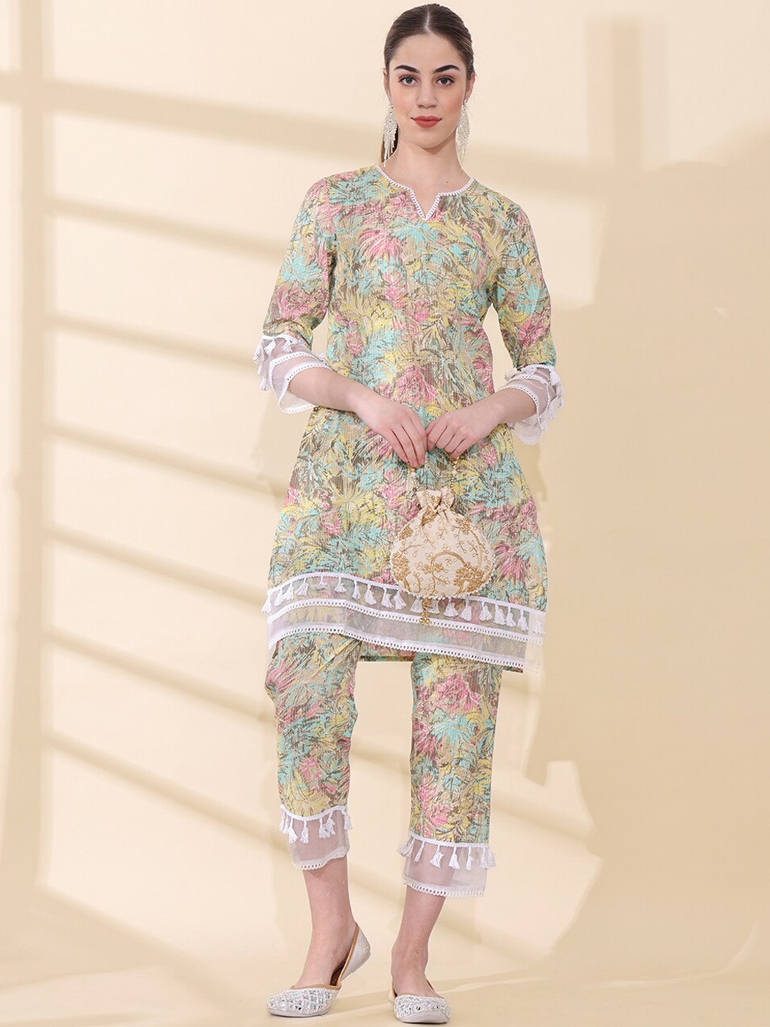 

Anouk Notch Neck Floral Printed Kantha Work Pure Cotton Kurta with Trouser, Beige