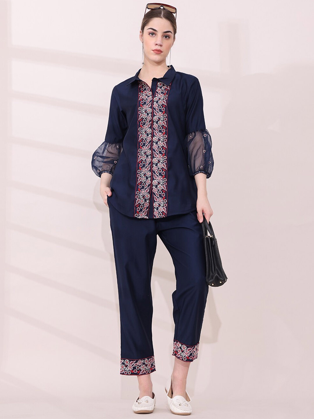 

Anouk Embroidered Shirt Collar Neck Shirt & Flared Trouser Co-Ords, Navy blue