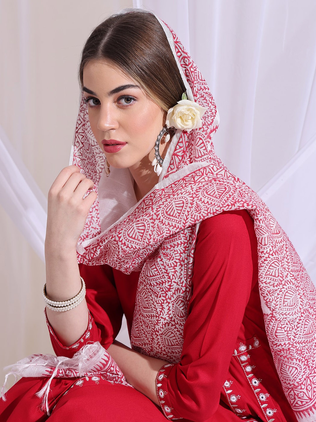 

Anouk Floral Embroidered Kurta with Trousers & With Dupatta, Red