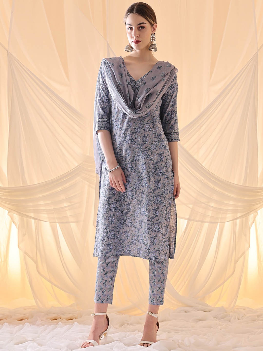 

Anouk Ethnic Motifs Embroidered Sequinned Pure Cotton Kurta with Trousers & Dupatta, Blue