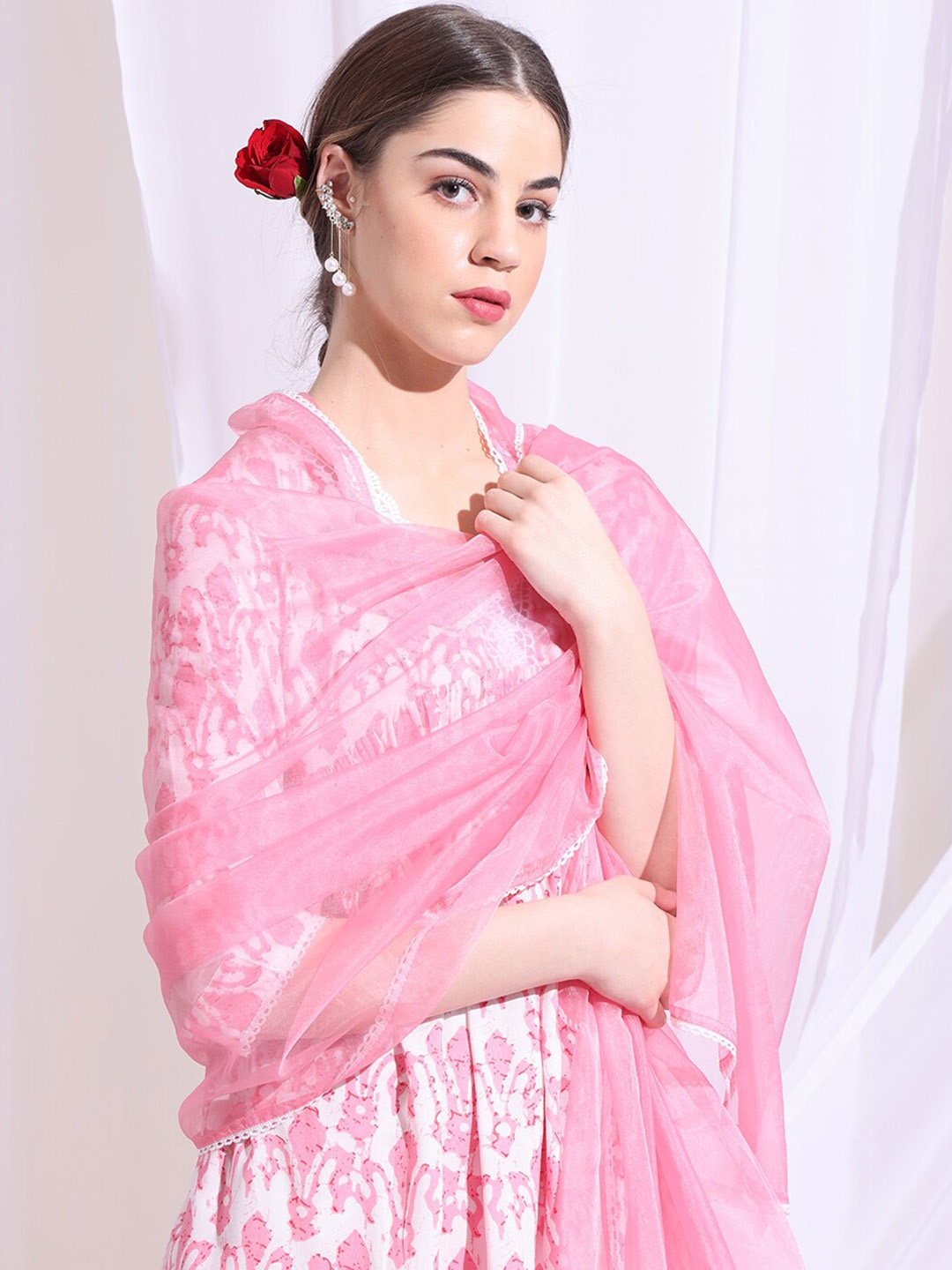 

Anouk Floral Printed Empire Kurta with Trousers & Dupatta, Pink