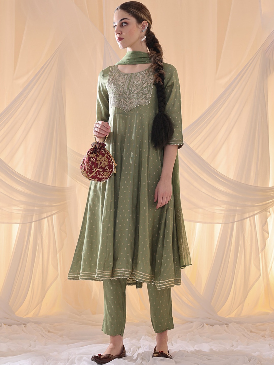 

Anouk Bandhani Embroidered Pleated Thread Work Kurta with Trousers & Dupatta, Olive