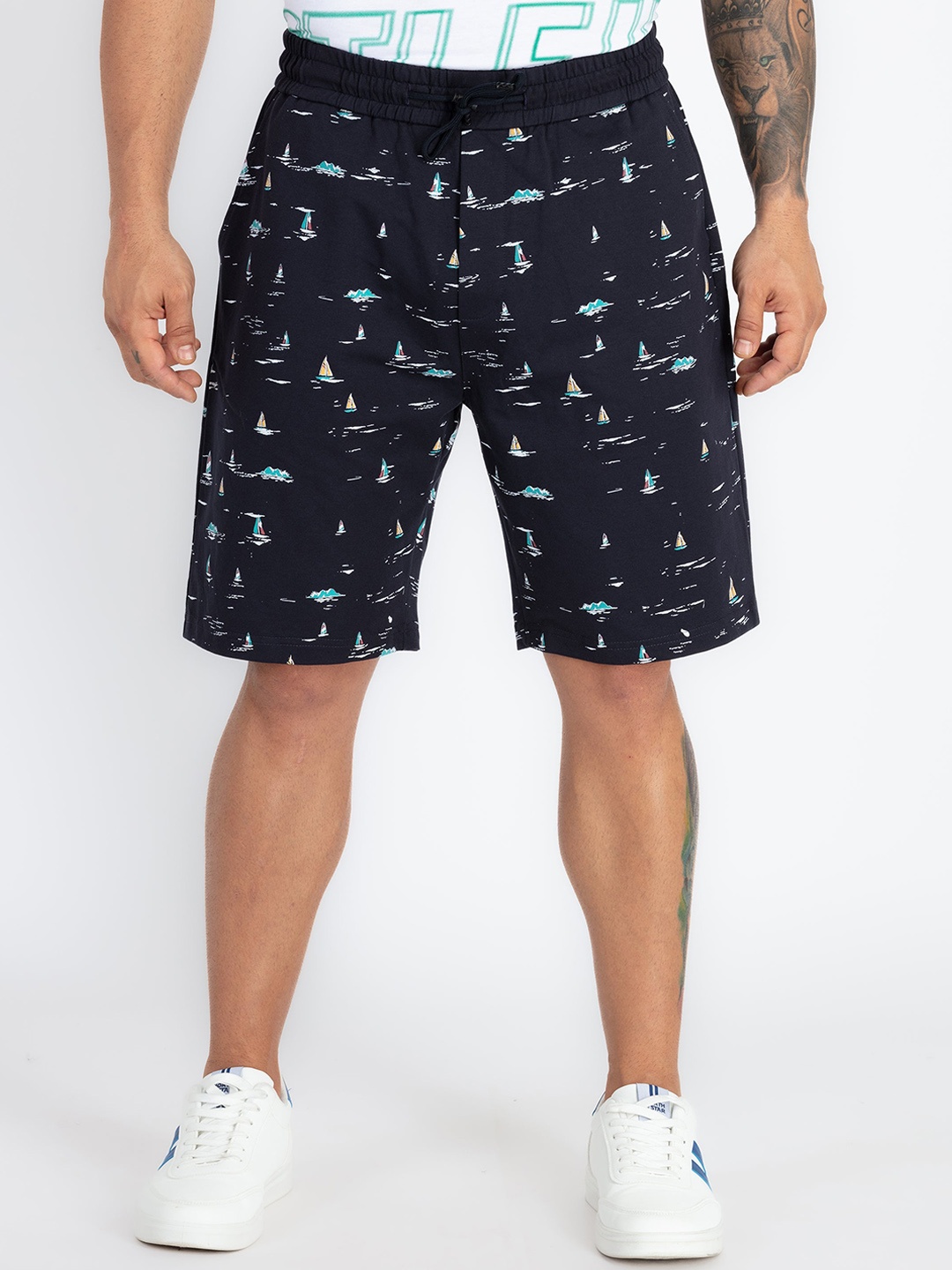 

Status Quo Men Conversational Printed Mid-Rise Shorts, Navy blue