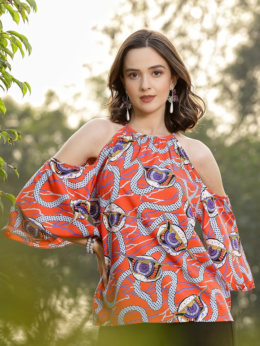 

plusS Printed Cold-Shoulder Top, Coral