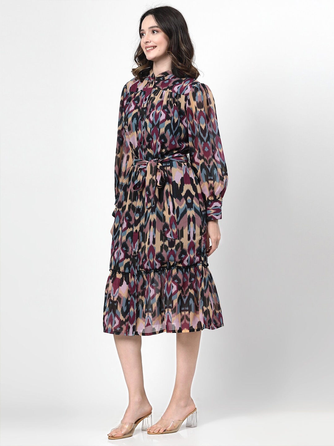 

plusS Abstract Print Mandarin Collar A-Line Midi Dress, Black