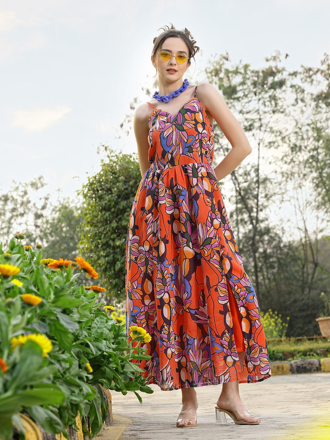 

plusS Floral Printed Shoulder Straps Maxi Dress, Orange