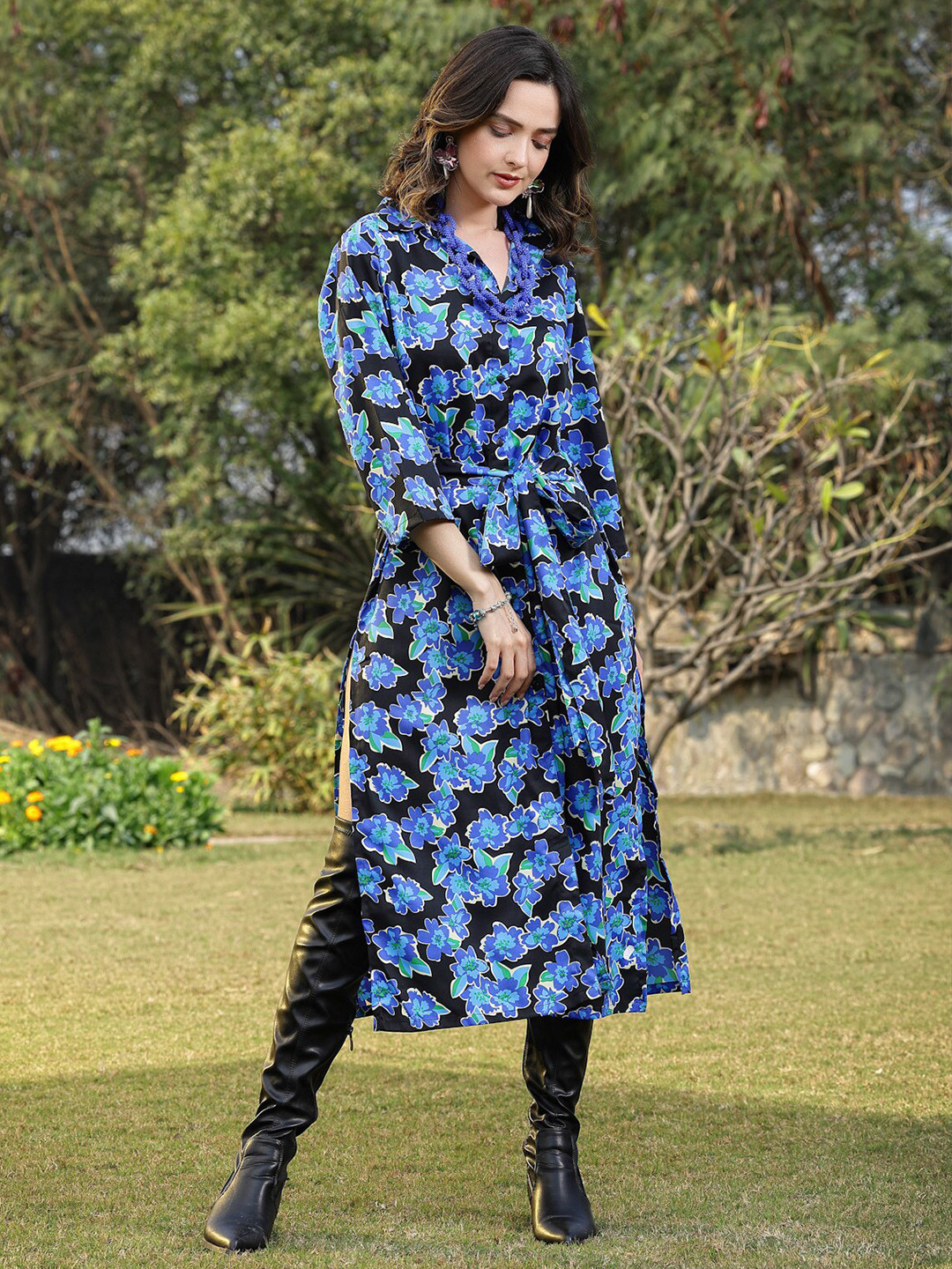 

plusS Floral Printed Shirt Collar Belted Shirt Midi Dress, Blue