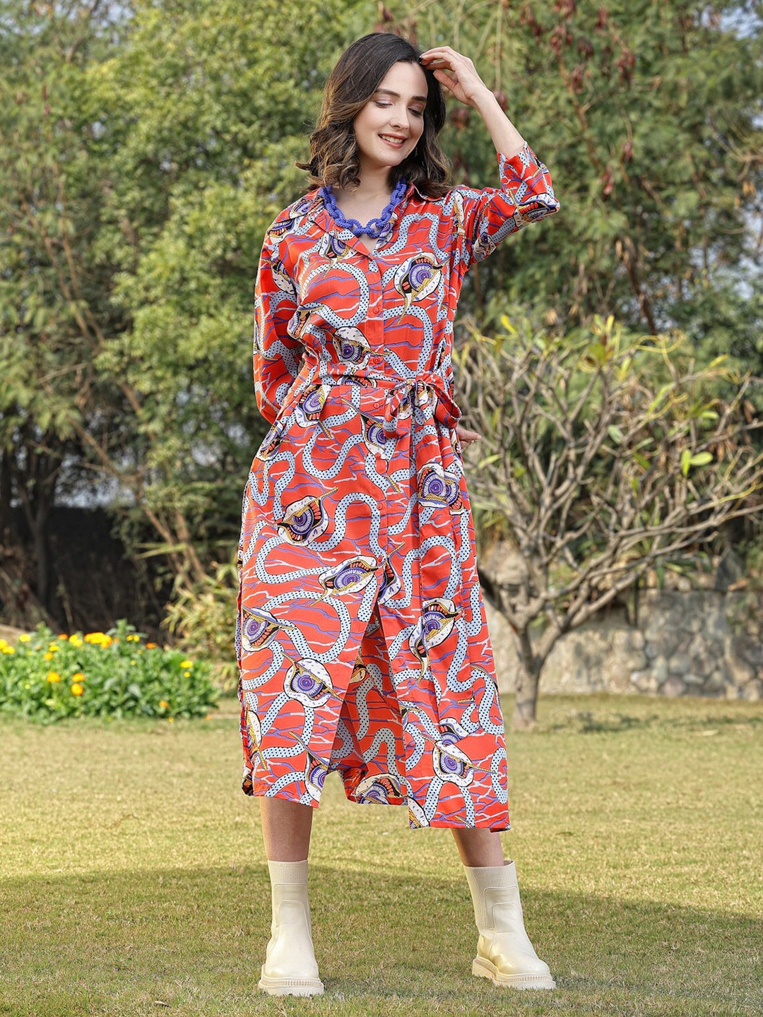 

plusS Abstract Printed Shirt Midi Dress, Red