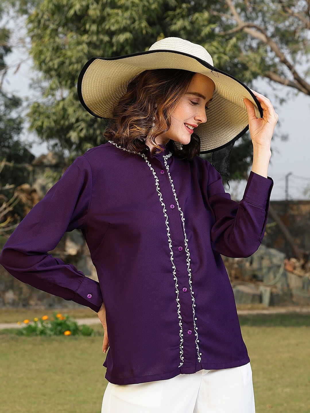

plusS Band Collar Embroidered Opaque Button Placket Regular Fit Casual Shirt, Purple